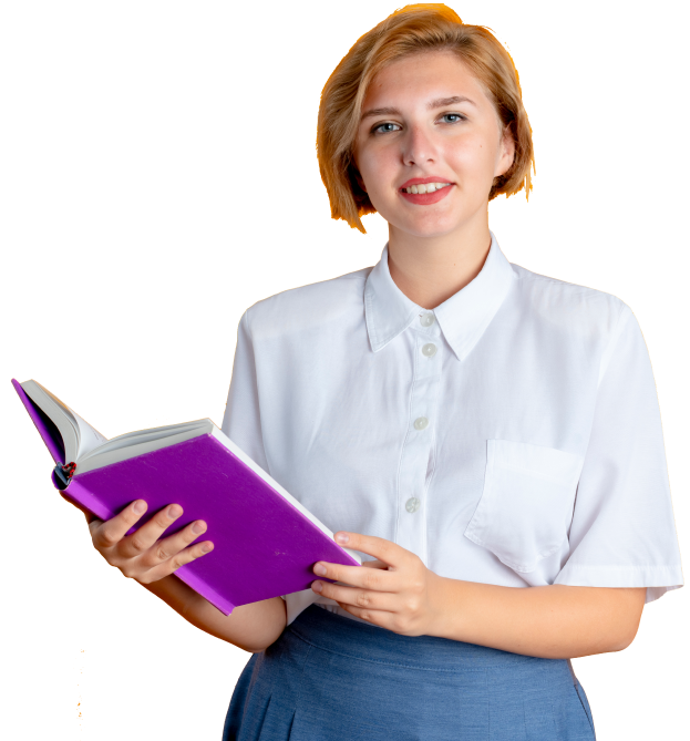 Smiling student holding a purple book